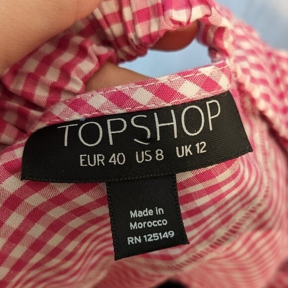 TOPSHOP Maggie Bardot Gingham Pink White Checkered Plaid Off the Shoulder SZ 8 - Picture 4 of 7